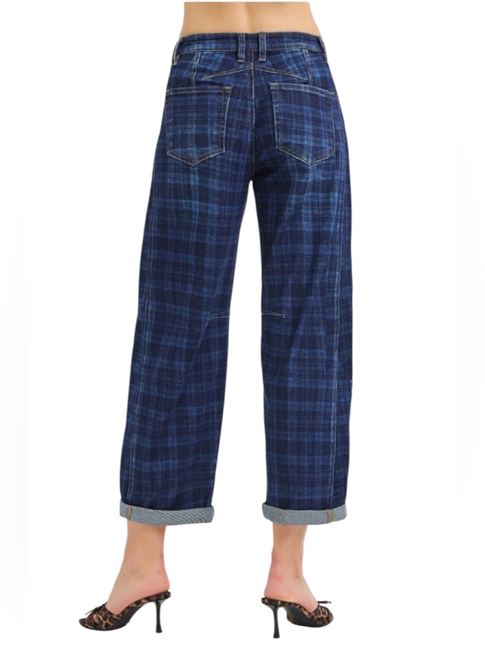 604. Risen Dark Denim Plaid High Rise Ankle Barrel Jeans NEW - Picture 5 of 5